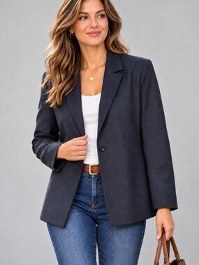 Jones New York 100% Wool Blazer Dark Navy 14W Quiet Luxury Capsule